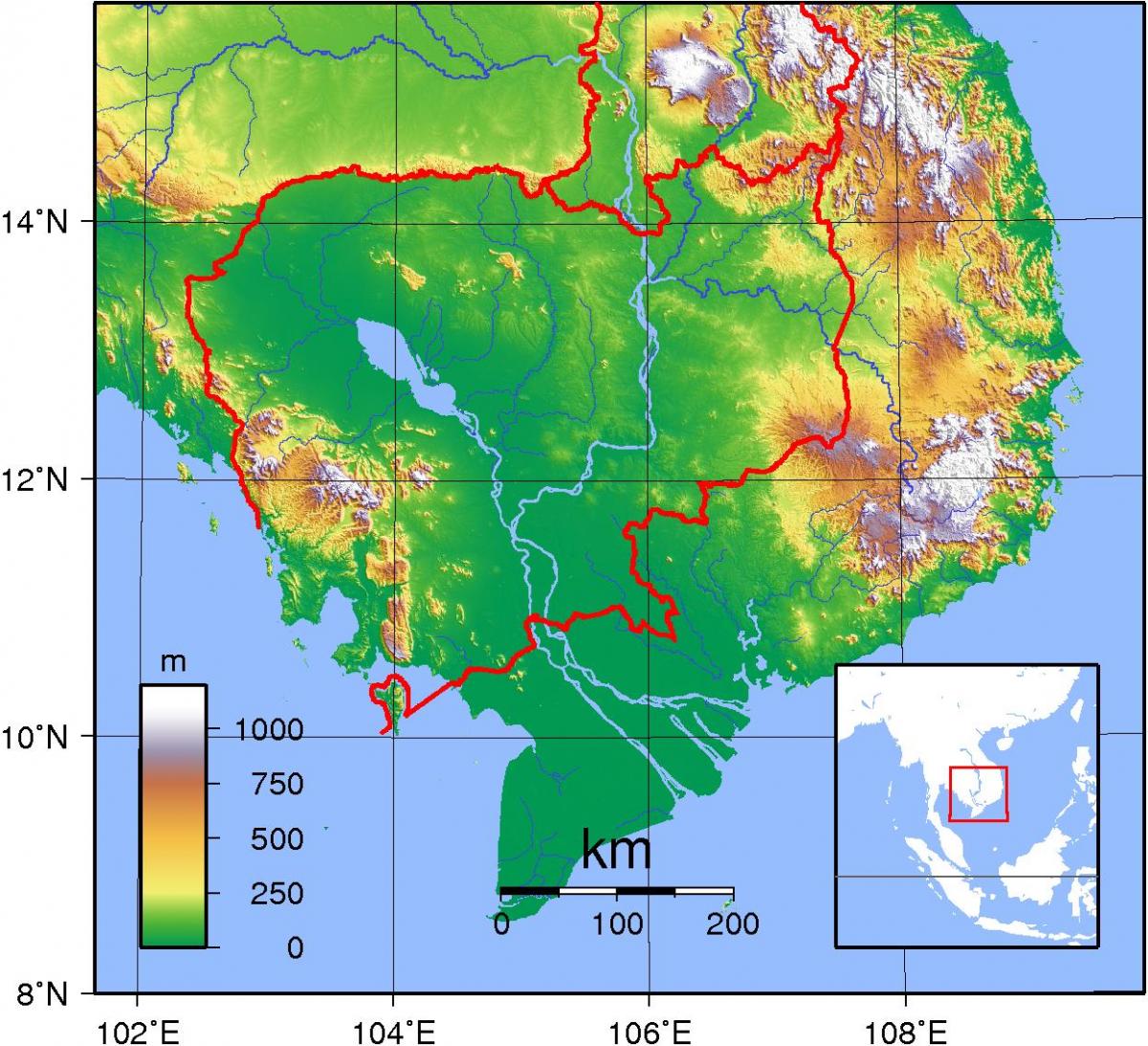 Kambodža topografinen kartta - Kartta Kambodža topografinen (Kaakkois-Aasia  - Aasia)